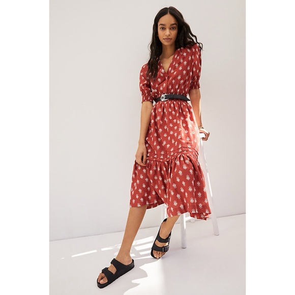 EUC by ANTHROPOLOGIE Felipa Crimson Ikat Cottagecore Boho Flounce Midi Dress M - Picture 10 of 13